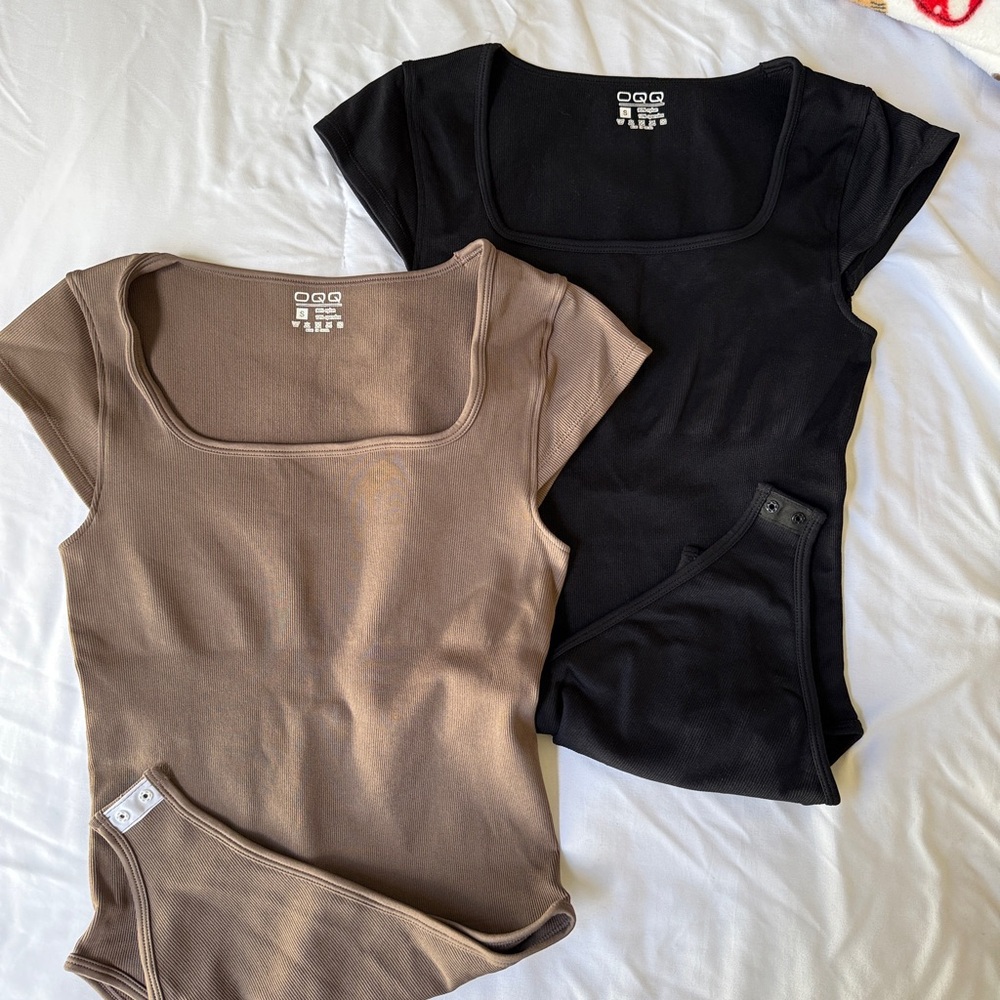 OQQ Women's Square Neck Bodysuits - Black and Brown Set